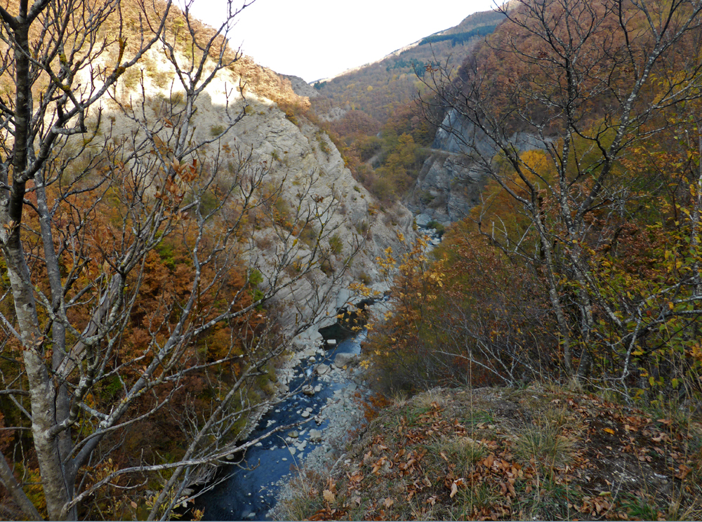 Le gole del T. Scoltenna viste dalla strada che percorre il piede del versante destro, a valle della confluenza con il rio Monio. Si osservano gli affioramenti arenacei che affiancano il corso del torrente.