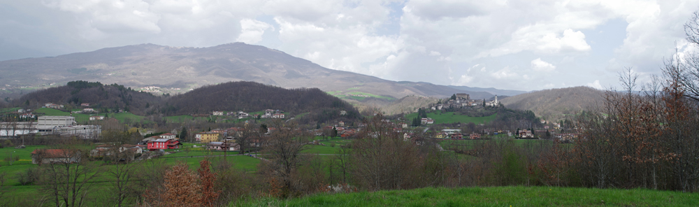 L'area dei depositi lacustri di Compiano vista da sud; sullo sfondo la mole piramidale del Monte Pelpi.
